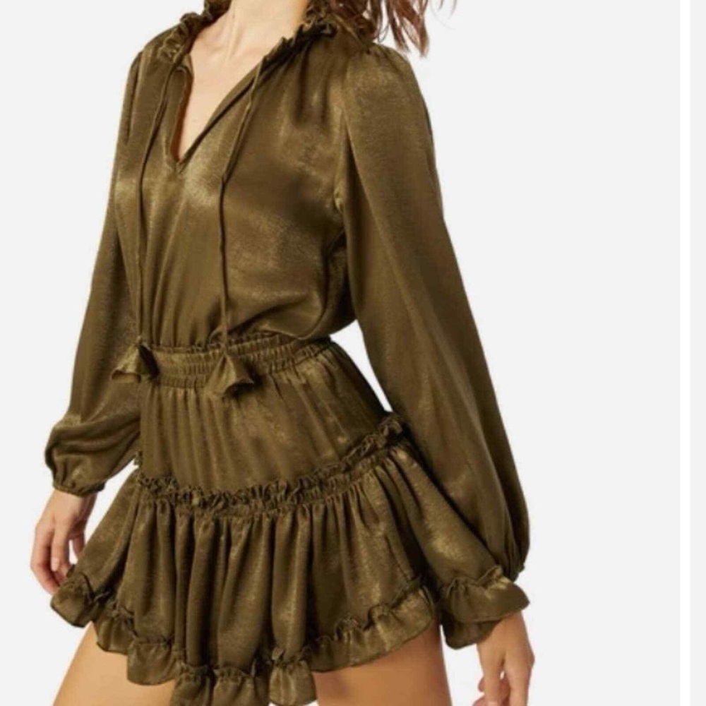 Misa Los Angeles Elegant Olive Green Ruffled Dress size Medium long sleeve